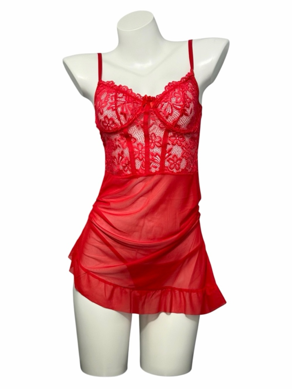 Red Sheer Lace Babydoll Lingerie Dress – Mesh Slip Nightie w/ Ruffle Hem